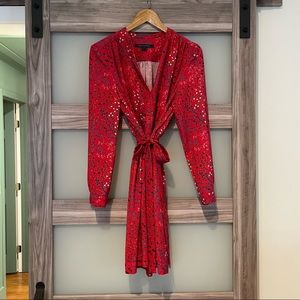 red fruit/floral pattern tie belt long sleeve French Connection dress